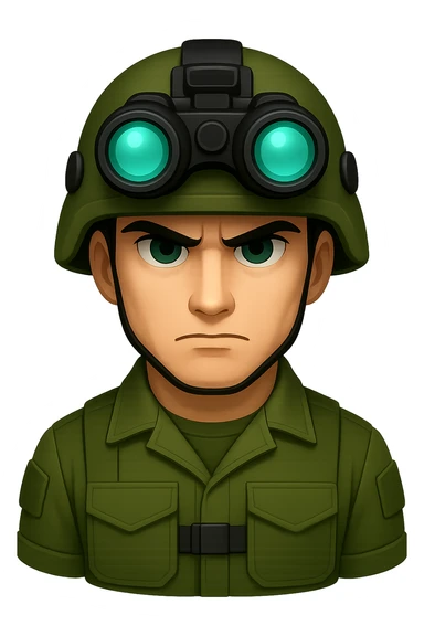 Make the white-skinned male soldier look even cooler and more intimidating, wearing stylish green gear, a distinctive modern helmet, and night vision goggles. Render in emoji style with no background (transparent). sticker