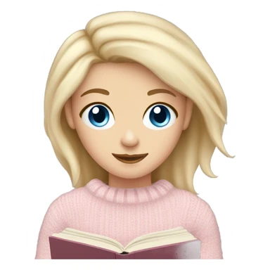 Pretty blue eyed white girl with light pink sweater reading cozy sticker