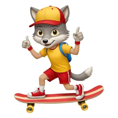 A gray wolf with large, expressive eyes and a friendly smile. The gray wolf is wearing a bright yellow T-shirt, red shorts, white knee socks, and sneakers. The baseball cap is worn backwards. The wolf holds a skateboard in one hand and gives a thumbs-up with the other, a confident and cheerful pose. sticker