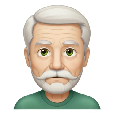 80-year old man with medium white beard and mustache, salt-and-pepper unconnected eyebrows, and green-brown eyes. White, shoulder-length hair parted in the middle. Ears are long and close to his head sticker