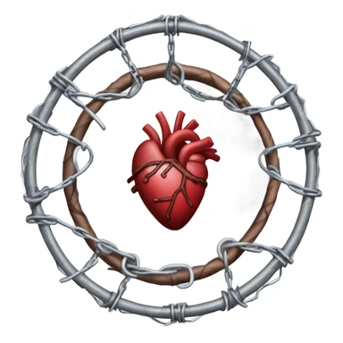 A chain link fence topped with razor wire forms a circle with a human heart in the middle  of it  sticker