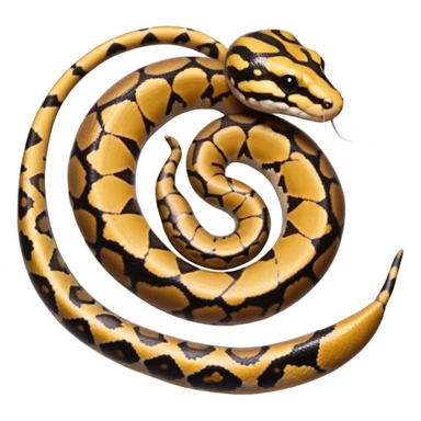 A photo-realistic top-down view of a Ball Python gently coiled into a tight spiral, with its head resting peacefully at the center. Its scales are warm brown with bold, irregular black markings, including the distinctive “alien-head” pattern, flowing smoothly along its body.  sticker