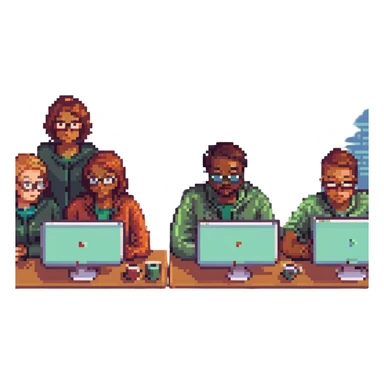 pixel art of a diverse group of people collaborating on web design, with browser windows and code snippets sticker