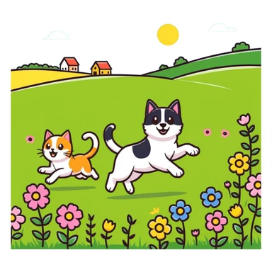 dog chasing cat in a sunny meadow with flowers sticker