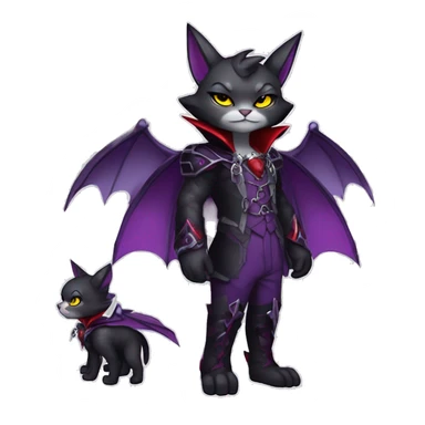 Anthro-Cute-Edgy-Cool-Vampiric-Batty-Cat-Black-Purple-Red-Grey-White-Yellow-Contrast-Colors-Fantasy-Fur-Sona-Chibi-Shiny-Fakémon-Hybrid with horns and big fangs and collar full body sticker