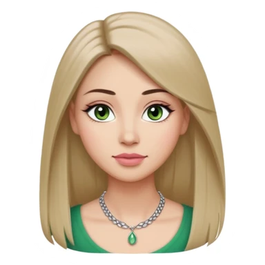 Adult woman avatar, light skin tone, oval face, long straight ash-brown hair, green almond-shaped eyes with dramatic eyelashes and minimal eyeliner, neutral mouth, medium straight eyebrows, small nose, natural pink lips, smooth skin with light natural blush sticker