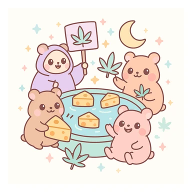 circular centered composition of a hamster cult weed and cheese pool party at night, vibrant and playful, kawaii style sticker