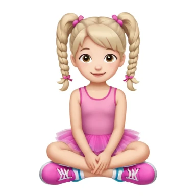 A cute young girl with pigtails sits on the floor, wearing a pink tutu dress and colorful sneakers. She has large, expressive eyes and a cheerful smile, resting her chin on her hands. The background is a soft, neutral color that enhances her playful demeanor. sticker