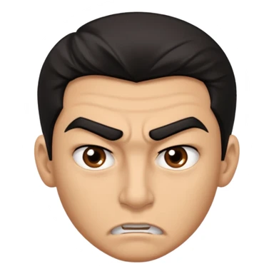 emoji de un joven, con cejas gruesas que parece enojado, nariz medio grande, hombros anchos, sin sonrisa, hombros anchos, cabello medio ondulado con un corte juvenil, cabello negro. ojos negros. sticker