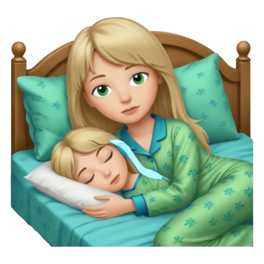 Woman with blue eyes and long dark blond hair and a bang, sleeping in bed  with green pyjama sticker