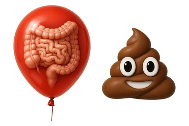 intestino umano anatomico chiuso in un palloncino rosso che simboleggia gonfiore, accanto un simbolo di cacca stile emoji iphoneche simboleggia "diarrea", iperrealistico 4k sticker