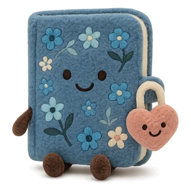 Blue Floral journal with a heart-shaped lock as a kawaii plushie, jellycat style  sticker