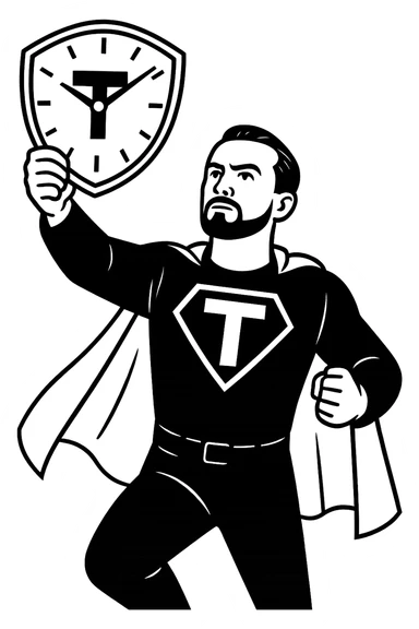 Черное-белая стилистика как на картинке, на которой герой в позе Супермэна с большой буквой Т на груди несет вперед циферблат, прозрачный фон sticker