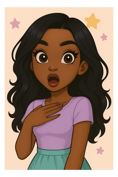 Remove any tears or crying, keep her shocked expression. Depict a 20-year-old anime Bratz style woman with dark skin, dark hair, cute pastel Y2K look, big expressive eyes, and glossy lips. sticker