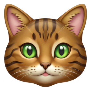 Cinematic Cute Brown Tabby Cat Portrait Emoji, Head tilted playfully and inquisitively, soft brown fur with rich dark tabby stripes and a distinctive M-shaped marking on the forehead, wide, sparkling golden-green eyes filled with curiosity, Simplified yet irresistibly adorable features, highly detailed, glowing with a warm, friendly glow, high shine, affectionate and lively, stylized with a touch of whimsy, bright and endearing, soft glowing outline, capturing the essence of a mischievous yet loving kitten, so playful it feels like it could pounce out of the screen and into your arms! sticker