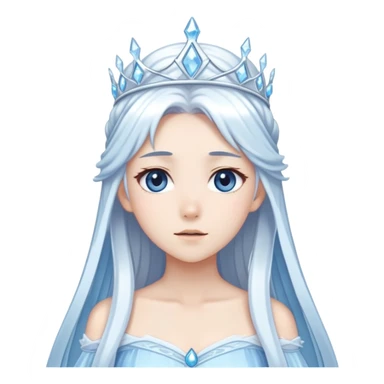 Beautiful anime ice queen with white long pretty hair with light-blue streaks, wearing an icy thin long dress and a silver tiara sticker