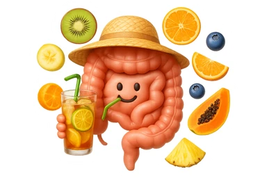 EMOJI STILE IPHONE DI INTESTINO UMANO REALISTICO CON CAPPELLO DI PAGLIA DA SPIAGGIA CHE BEVE UN Tè FREDDO IN BICCHIERE DI VETRO CON DENTRO  fette di cetriolo, limone, lime, DIETRO L'INTESTINO FLUTTUANO PEZZETTI DI Kiwi
Banana acerba
Arance e mandarini
Mirtilli
Ananas
Papaya
IPERREALISTICO 4K sticker
