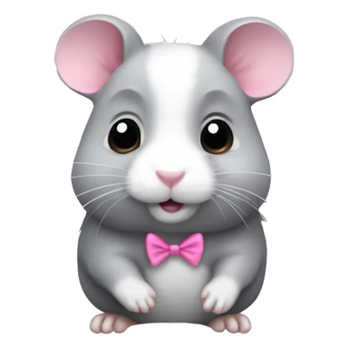 A full-body grey hamster, with 4 paws and with a small pink bow   sticker