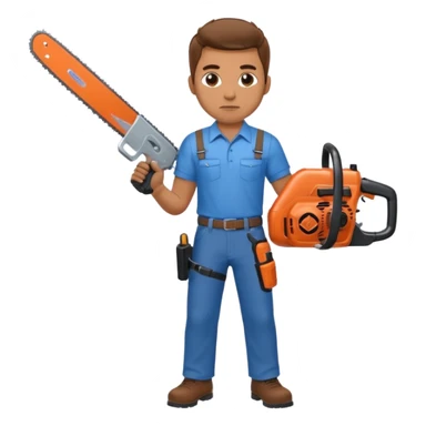 A man with a blue shirt and brown pants holds a chainsaw and a shotgun  sticker