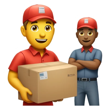create an emoji showing a postman in wearing redshirt, red cap with posten written and delivering a parcel sticker