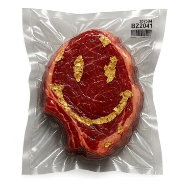 steak with gold leaf accents, glossy and inflated sticker