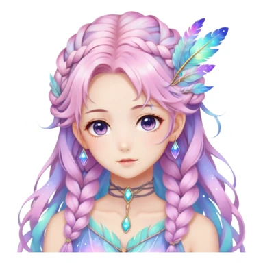 Beautiful gorgeous anime lady with beautiful iridescent-nebula-braided-hair, fashion aesthetic, ethereal, fairycore, pastelcore, feathers sticker