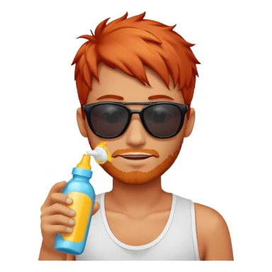 male red haired with suncream bottle and sunglasses, with sun burned sticker