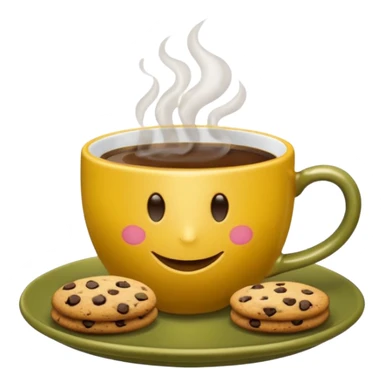 A cup of coffee, steaming, the smoke is heart-shaped, the cup is mustard yellow, the cup has a happy face printed on it, the cup sits on an olive green saucer, and there are cookies around the cup. sticker