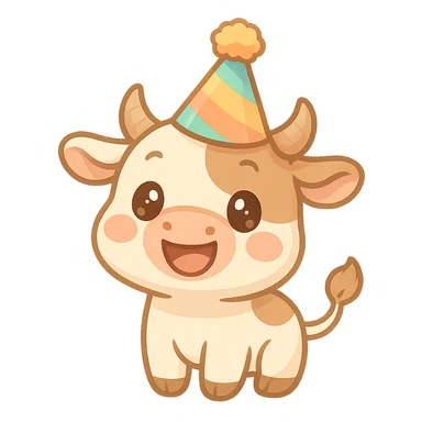 a happy cow in a party hat with a festive vibe sticker