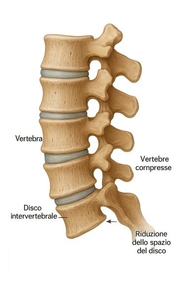 realistic anatomical image of compressed vertebrae, lateral view, no background, well-defined anatomical details, captions in Italian, aspect ratio 2:3 sticker
