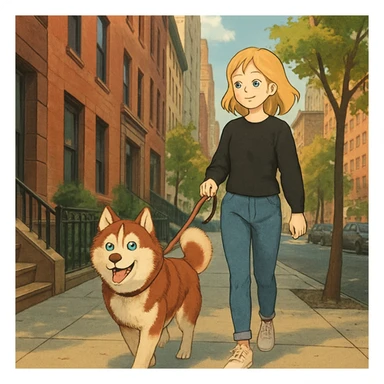 Cute Blonde woman wearing a black sweater and jeans and white sneakers walking a happy red-brown blue-eyed Siberian husky in New York City on an upper east side city sidewalk  sticker