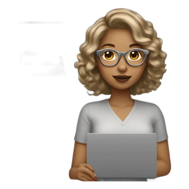 light skin dark blonde girl with bob wavy hair in glasses silver color glasses holding laptop sticker