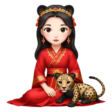 A beautiful girl in red Hanfu wedding dress sits on the ground holding a black leopard sticker