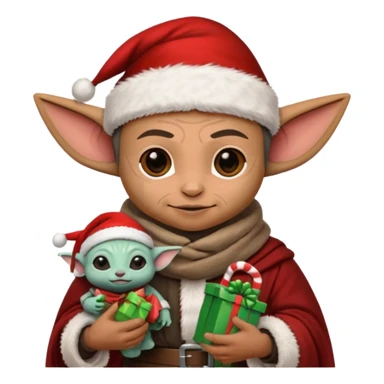 mandalorian holding grogu wearing santa hat sticker