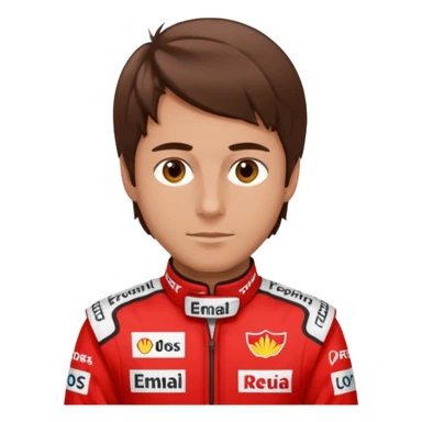 Man, brown eyes, brown silky hair, lightly tanned, wearing a formula one outfit sticker