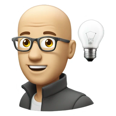 bald guy with light bulb hover over his head using a pc editing on after effect making some 3d edit sticker