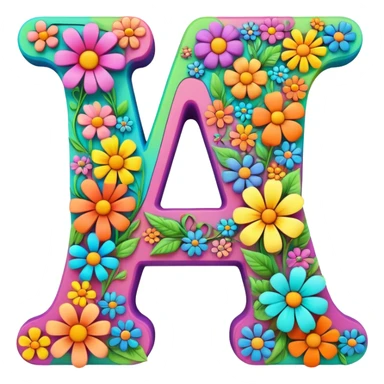 3D style, psychedelic colored Letter A, with hippie style flowers sticker
