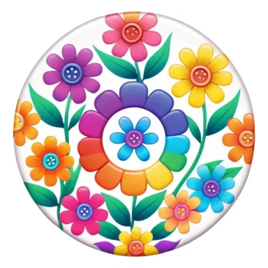 A round psychedelic colored button with rainbow colored hippie style flowers around the edges sticker