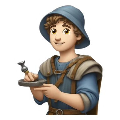 young coin engraver apprentice yielding tool, medieval age sticker