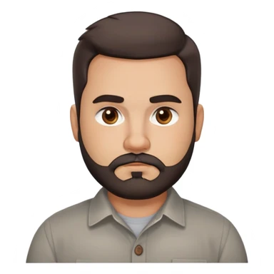 Stocky approachable man with light brown complexion, round friendly face, full cheeks, kind dark eyes, thick eyebrows, wide nose, medium lips with warm expression, short well-maintained full beard, short dark hair with simple cut, wearing a gray casual button-up shirt sticker
