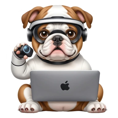 English bulldog, wearing a computer suit sticker