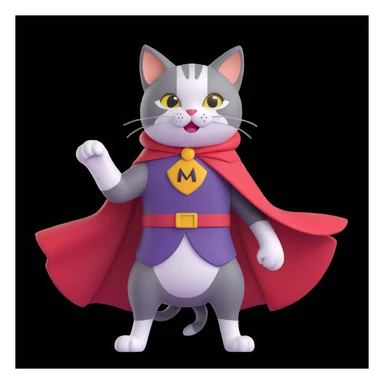 spartan cat in a dramatic pose with cape flowing but with a goofy face sticker