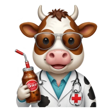 Cow wearing sunglasses holding a doctor pepper sticker