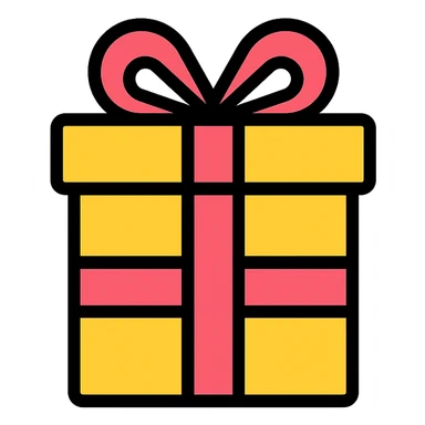 Add color to the gift icon using a yellow box with a pink ribbon, preserving the minimal, outlined icon look. sticker