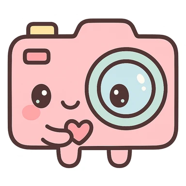 a camera kawaii style smiling holding a tiny heart sticker