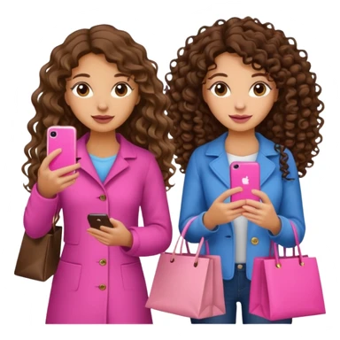 2 girls going to shopping with a pink iPhone they are brunettes one with curly long hair and the another with VERY LONG hair brunette and they are pretty sticker
