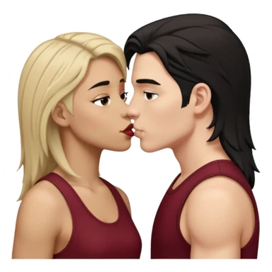 a white masculine woman with short mullet tomboy black hair wearing men's black tank top kissing a lightskin woman with long dark blonde hair wearing maroon tank top sticker