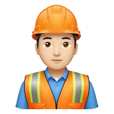 Chinese man wearing orange safety helmet and high visibility vest sticker