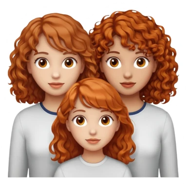 three girls side by side, left girl light skin curly brown hair brown eyes, center girl light skin wavy orange hair light brown eyes, right girl light skin light brown hair with bangs brown eyes sticker