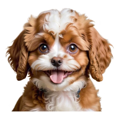 Cinematic Meme-Worthy Grumpy Apricot Cavoodle Portrait Emoji, Head held high but eyes filled with dramatic disappointment, smooth, curly apricot fur with striking white patches, deeply furrowed brow forming an unmistakable scowl, floppy ears slightly angled back in disapproval, piercing brown eyes glaring with pure exasperation, Simplified yet hilariously over-exaggerated features, highly detailed, glowing with an aura of supreme annoyance, high shine, exhausted yet judgmental, stylized with an almost regal pettiness, bright but brooding, soft glowing outline, capturing the essence of a companion that has seen it all and is thoroughly unimpressed, so meme-worthy it feels like it could instantly become the next viral sensation of grumpiness! sticker